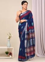 Pure Linen Cotton Blue Casual Wear Pure Hand Work Saree